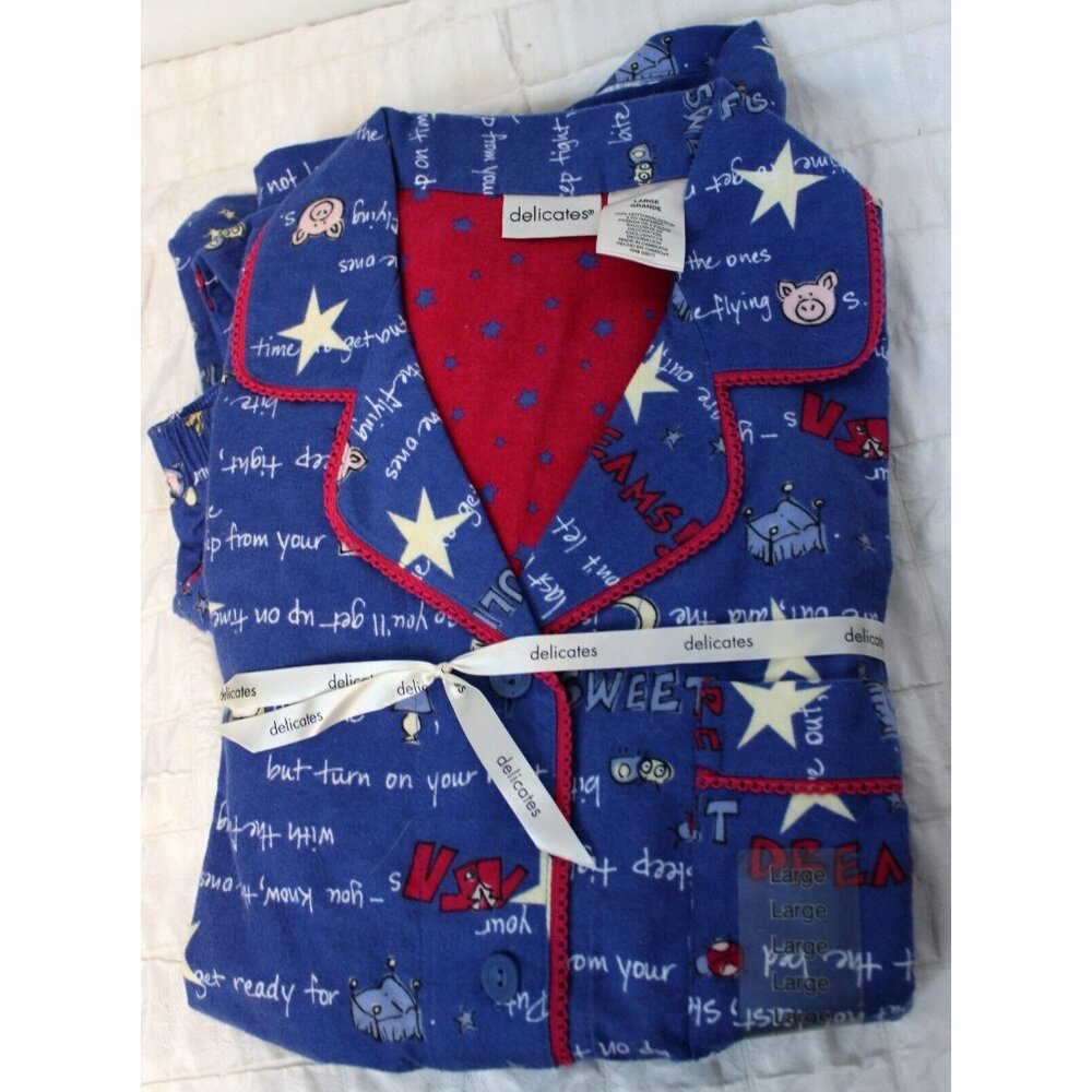 Delicates Blue Flannel Pajama Set sz L Dreams Star Moon Sleep Shirt Pants PJ